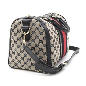 Gucci GG Line Shoulder Blue Web Sherry Handbag Bag Boston Stripe Navy Canvas